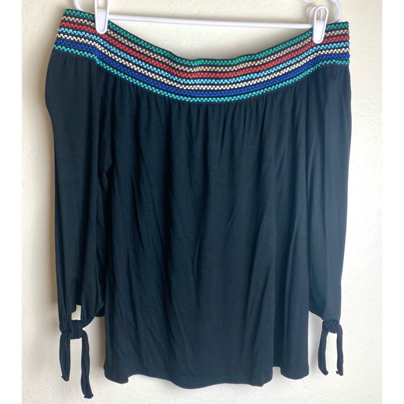 NWT Black Off The Shoulder Top with Colorful Embroidered Stripes and Bow Sleeves - Picture 2 of 2